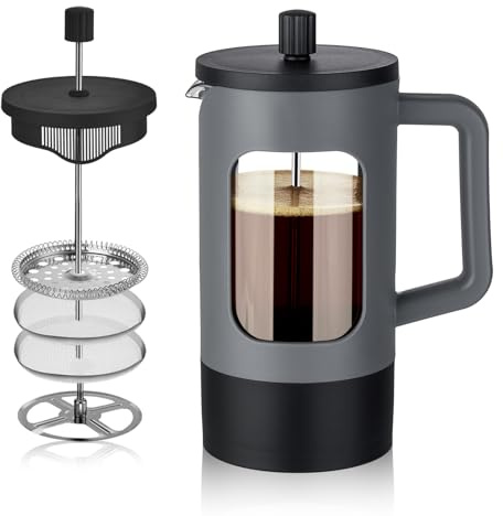 YOLIFE French Press Coffee Maker, 34 oz / 4 Cup Coffee Tea Press with Heat-resistant Borosilicate Glass, 4-Level Filtration Systems, Cold Brew Coffee Maker for Camping Travel Gifts, Grey and Black