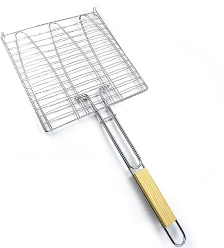 Bayli 27,5 x 27,5 cm Fischbräter | Fischgriller für Grill mit Holzgriff | Fischkorb für 3 Fische | Fischhalter mit Klammer | Fisch-Grillzange für Gemüse, Garnelen | Faltbare Fischzange | Grillzubehör