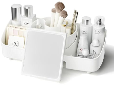 COOSEYA Make Up Kosmetik Organizer mit Spiegeln, 360° Drehbar, Multifunktional, Helles Weiß