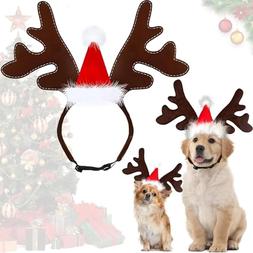 Bandeau De Noël pour Animal,Chien Chat Bois De Renne,Réglable Couvre-Chef De Wapiti avec Bonnet De Noel,Bandeau De Noël pour Chien,pour Accessoires pour Animaux De Noël.