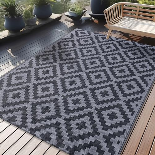 Homaxy Utomhusmatta, väderbeständig, plasthalm, UV-resistent, vändbar, hopfällbar, tvättbar, balkong, trädgårdsmatta för terrass, camping, picknick (150 x 240 cm, svart och grå)