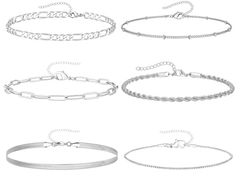 COYUN 6Pcs Ketten Armbänder für Damen - Silber - Armkette - Damen Twist Kettenarmbänder - Verstellbar - Modeschmuck - Armbänder für Frauen und Mädchen - Geschenke