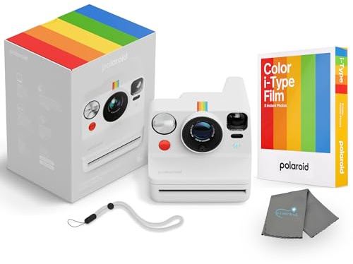 Polaroid Now+ - Fotocamera istantanea i-Type di terza generazione + pacchetto di 8 pellicole a colori i-Type, controllate tramite app Bluetooth, bianco, set di fotocamere Polaroid con panno per la