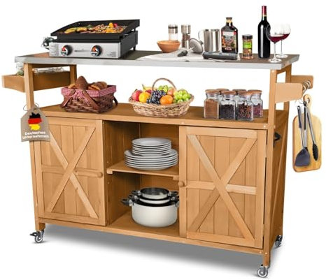 Coemo Servierwagen mit Rollen James Küchenwagen aus Holz mit Edelstahltop, Kücheninsel mit Türen, Handtuchhalter, Raumwunder, Küchenschrank Rollwagen LxBxH ca.: 138 x 47 x 92 cm