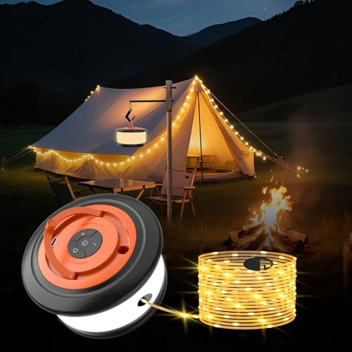 Phylosal Camping String Lights, 3 in 1 Outdoor Camping Light with 6 Lighting Modes, Quick Storage 32.8FT Rechargeable Tent Lantern, Portable LED Hanging Light for Outdoor Patio Awning Garden Party