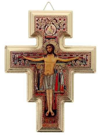 SHALOM - Crocifisso San Damiano in Legno con Bordatura in Oro. Altezza 15,4 Cm