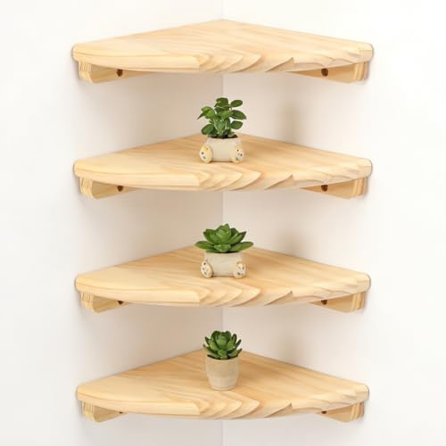 HuhWafee Estantería de esquina colgante de madera maciza, esquina, estantería de esquina, fácil de montar, estantería flotante para dormitorio, baño y salón (4 unidades)
