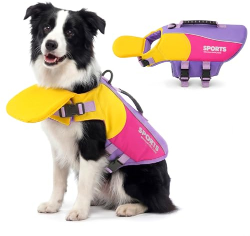 PAIDEFUL Chaleco salvavidas para perro con soporte de barbilla, chaleco de natación con asa de rescate y anillo en D para navegación y piscina, equipo de seguridad reflectante para mascotas para razas
