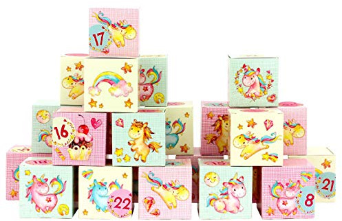 Papierdrachen Adventskalender 2025 zum Befüllen - Kisten Set mit rosa Einhorn-Motiv - 24 bunte Karton-Schachteln zum Aufstellen & Basteln - 24 Boxen