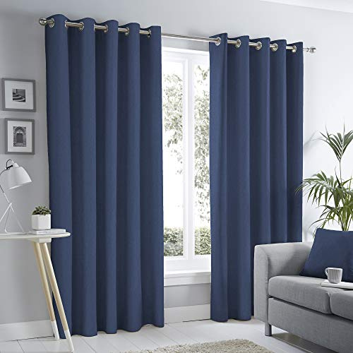 Fusion Navy Blue Curtains – W90 x L72 (229x183cm) – 100% Cotton Eyelet Panels – Thermal Drapes for Bedroom, Living Room or Door – Sorbonne Collection – Modern Window Treatment