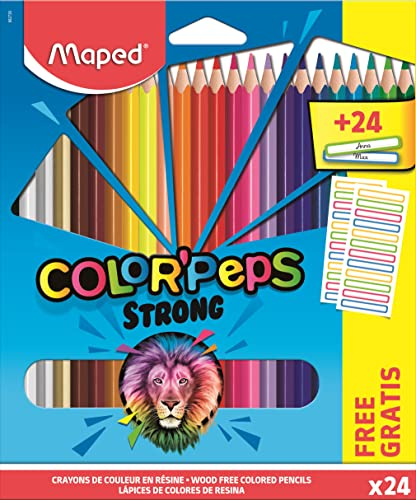 Maped 862726 - ergonomische Drei-Kant-Buntstifte, Farbstifte COLOR'PEPS STRONG - x24 Stifte + x24 Namenssticker