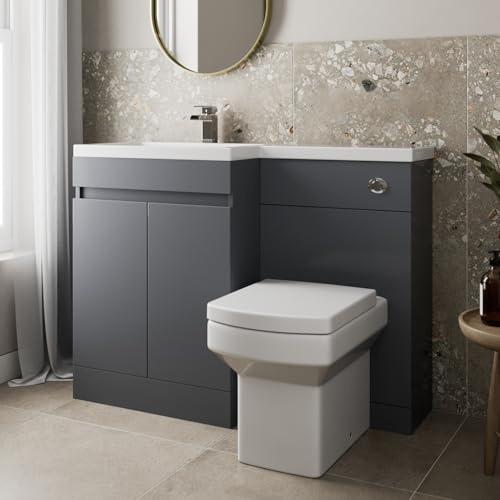 Artis® Centro 1100mm Combination Vanity Unit Furniture Set, Wash Basin Bathroom Sink, BTW Toilet WC Pan & Soft Close Seat, L Shaped Storage Cabinet, Left Hand, Grey Gloss