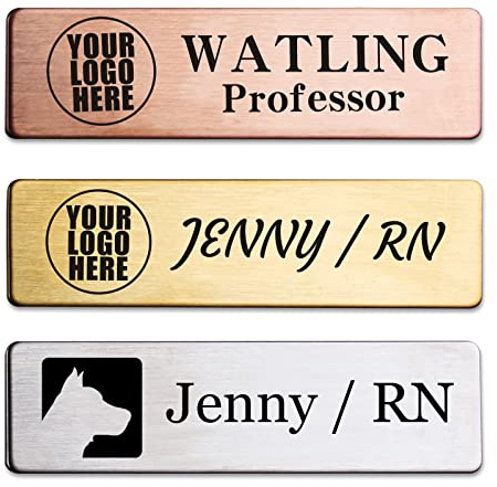 Badge d'identification personnalisable en métal gravé au laser pour entreprise, étiquette d'identification personnalisée avec magnétique, épingle, dos adhésif, transparent et facile à lire.