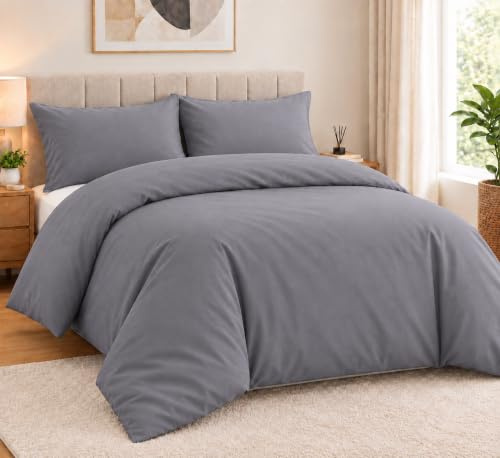 IR Imperial Rooms Double Duvet Cover Set, Grey, 200 x 200 cm | Brushed Microfiber, Plain Bedding, With Pillow Cases, Ultra Soft, Button Closure Quilt Cover