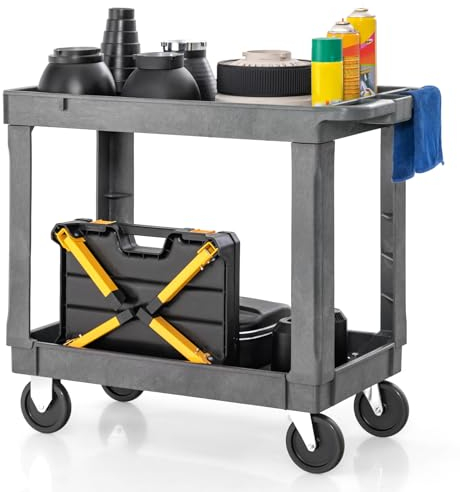 COSTWAY Werkstatt-Rollwagen 2 Etagen, Werkstattwagen Kunststoff mit Griff, Montagewagen Servicewagen bis zu 250 kg belastbar, Werkzeugwagen für Garage Lager Büro, 86 x 44 x 77 cm (2 Etagen)