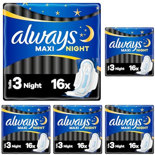 Always Maxi Serviettes Hygiéniques, Taille 3, Night, 16 Serviettes Avec Ailettes, Flux Très Abondants Nuit, Cœur Ultra Absorbant et Barrières Anti-Fuites (Lot de 5)