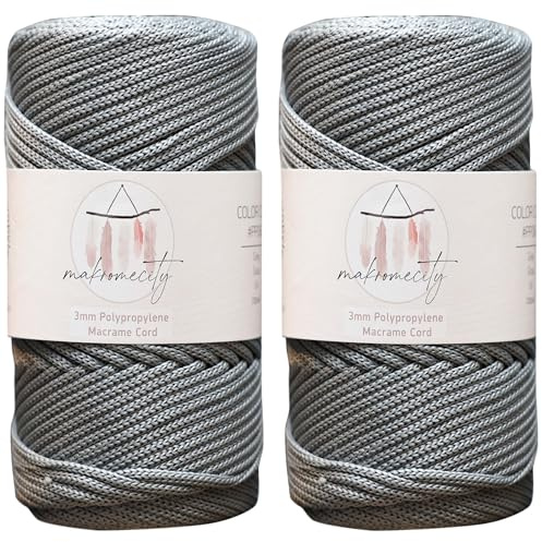 Makromecity 2 trådar makramégarn 3 mm x 120 m grå premium polyester makramé snöre polypropylen pyssel för vägghängningar axelväska handväska löpare nappkedja platsplatta