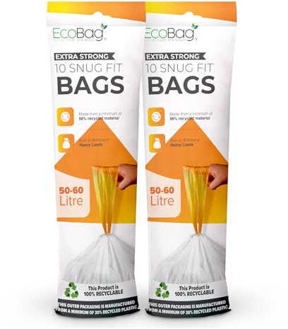 EcoBag - 20 Pack White Kitchen Drawstring Bin Liner - 50-60L - 28 Microns - Heavy Duty, Extra Strong, Brabantia Compatible, Eco-Friendly, Tear Resistant, Clear Recycling Bags (620 x 810mm)
