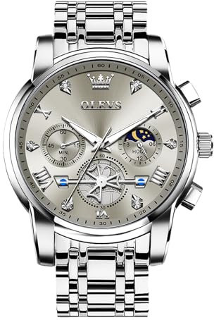 OLEVS Silber Herren Armbanduhr Metallarmband Quarz Analog Uhren Herren Grau Zifferblatt Edelstahl Herrenuhren Wasserdicht Leuchtend Großes Herrenarmbanduhr mit Mondphase Diamant Römische Zahlen