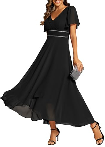 Ever-Pretty Empire Waist Formal Dress for Women V-Neck Chiffon Mother of The Bride Dresses Wedding Guest Gown Black US18