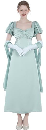 FCCAM Abito da donna Regency Jane Austen abiti lunghi vintage abito da ballo vittoriano con sciarpa e guanti abito in vita impero, Blu 1447, S