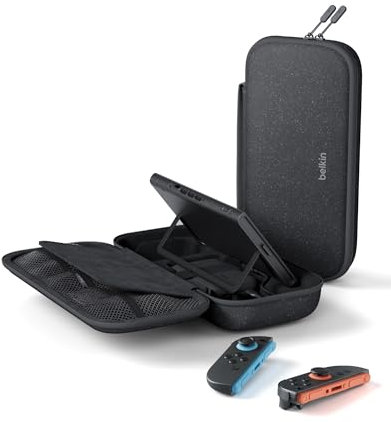 Belkin Gaming Pochette de rangement avec batterie externe 10 000 mAh pour Nintendo Switch 2 (écran LCD, recharge rapide de 20 W pour Nintendo Switch, compartiments pour AirTag et cartes de jeux, gris)