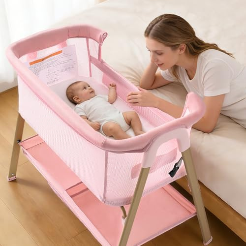 Next to Me Crib, 3 in 1 Baby Beside Crib for Babies from Birth to 9kg, Portable Travel Cot Bed with Wheels, Storage, Mosquito Net and Matress Included Baby Co-Sleeper for Newborn Infant Pink