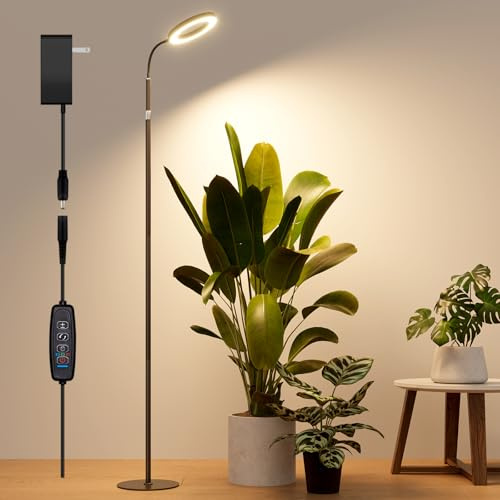 Bamworld Lampada da Coltivazione a LED a Spettro Completo, Lampada da Terra con Altezza Regolabile, 10 Livelli di Luminosità, Timer 3/9/12H, per Piante da Interno