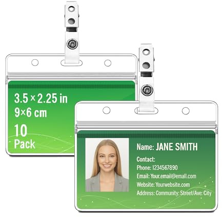 10 set genomskinliga horisontella namnskyltshållare med metallklämmor, vattentäta PVC ID-kortsskydd för namnskyltar, anställdas namnskyltar, konferenser, skola, kontor, utställningar