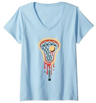Womens Lacrosse Player Melting Helmet Lacrosse Ice Cream Drip V-Neck T-Shirt
