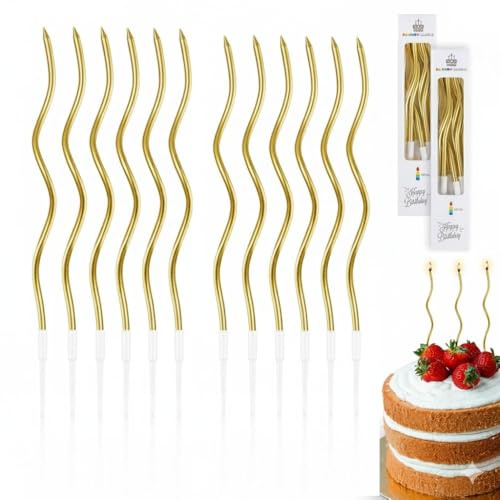 12 Velas Cumpleaños Originales Color Oro Metalizado | Velas finas de Cumpleaños Originales para Tarta Cupcakes con soporte | Largas y finas de 16,4 cm de color dorado