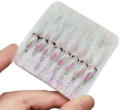 Qitewwrme 8Pc Bionics Crystal Flash Silk Shrimp Artificial Lures Fly Fishing Flies Saltwater Freshwater Bait Fishing for Bass Trout Salmon Hook Size #6 (Silvery)