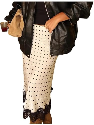 SANSIWU Satin Skirt for Women Elegant Polka Dot High Waist A line Silk Midi Skirts for Casual Business Party