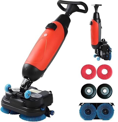 Commercial Floor Scrubber Buffer Polisher, 17 Cleaning Width, Cordless Design, Double Brushes And 360° Swivel Head For Wooden Floors, Tiles, Marble, Cement(Red)