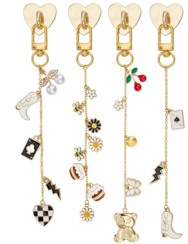 PH PandaHall 4 dijes de teléfono para lector electrónico, cadenas de abalorios para lector electrónico, esmaltado, flores, abejas, botas occidentales, llaveros, teléfonos, cadenas para lector, tablet