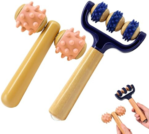 KUIRUNRX® Rodillo de Masaje con Mango, Set de 2 Rodillos de Madera para Fascia + Bola de Espinas, para Piernas, Espalda, Brazos, Hombros, Alivio del Dolor Muscular