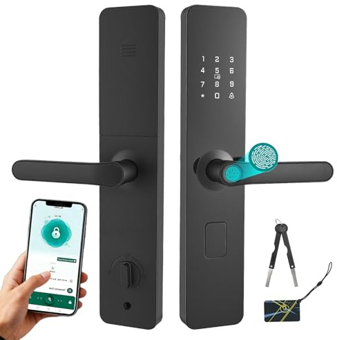 Smartes Türschloss mit Fingerabdruck, Intelligentes Türschloss mit Griff, 6 Fach Entsperrung, C Zylinder APP Gesteuertes Elektronisches Schlöss, 2 NFC Karten, für Haustüren ab 40mm Hause Büro