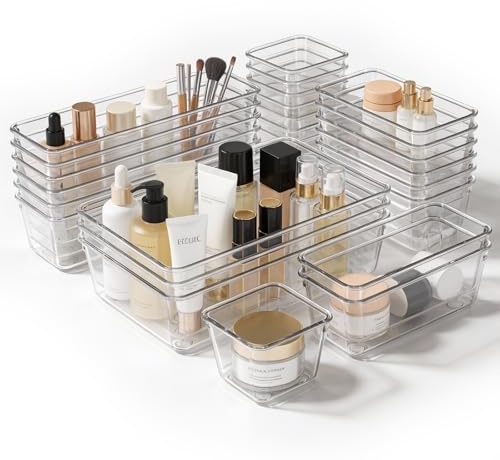 TranRantic 25 Piezas Organizadores de Cajones de Plástico Transparente, 4 Tamaños Versátiles para Maquillajo, Organizador de Maquillaje Apilables para Cocina, Escritorio, Tocador y Oficina
