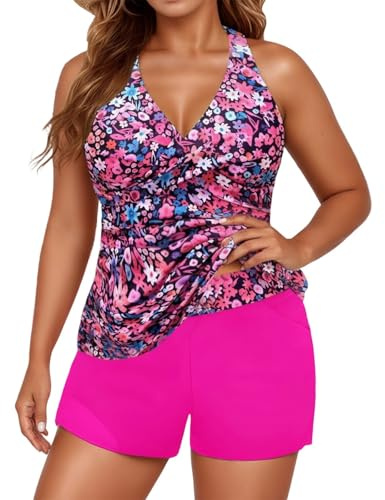 Generico Costumi da Bagno Donna Due Pezzi Scollo a V Tankini Set Tankini Donna Mare Curvy Contenitivo Bikini Vita Alta Push Up Stampa Floreale Imbottito Taglie Forti Spiaggia Piscina Reggiseno