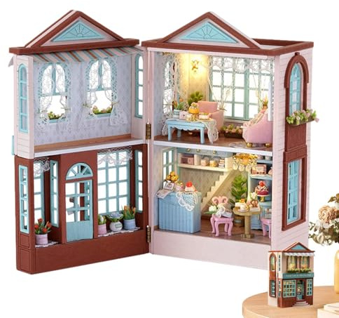 Kit per casa delle bambole in miniatura fai da te, kit casa delle bambole in legno in miniatura apribile con mobili e LED, mini kit di mobili per case delle bambole, regalo funzionale
