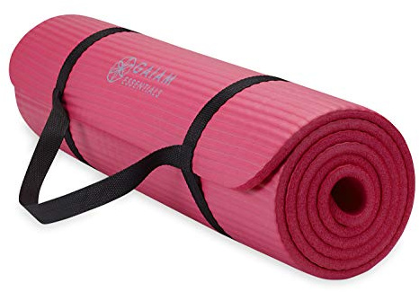 Gaiam Essentials Thick Yoga Mat Fitness & Exercise Mat with Easy-Cinch Carrier Strap, Pink, 72L X 24W X 2/5 Inch Thick