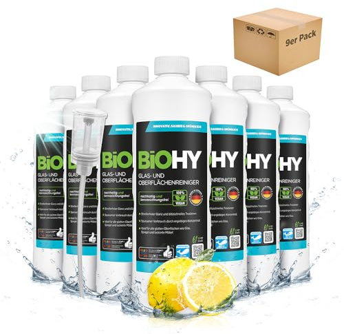 BiOHY Limpia cristales y superficies (9 botellas de 1 litro) + Dosificador | Concentrado para uso de aparatos y suelos duros | Olor agradable y limpieza sin rayas (Oberflächenreiniger)