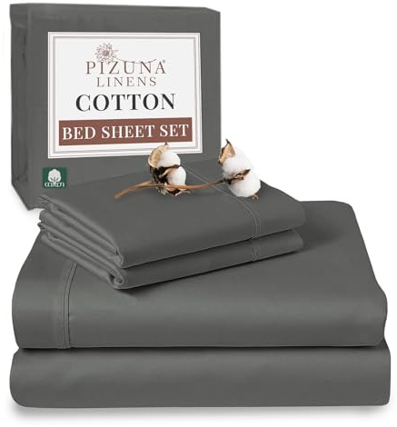 Pizuna 100% Cotton King Size Sheet Set Dark Grey, 400 Thead Count Long Staple Cotton Bedding Set 275x280 cm, Soft Sateen 4 PC King Bed Sheet Set -Fitted Sheet, Flat Sheet & 2 Pillowcases