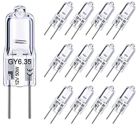 Lacnooe GY6.35 Bulb 50W, 12 Pack Dimmable GY6.35 Light Bulb Q50/CL/GY6/12V/T3/T4 JC Type GY6.35/G6.35 Bi-pin Base AC/DC 12V Warm White 2700K Single Ended Capsule Light Bulbs