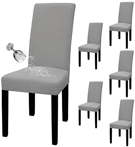 Easy-Going 100% Waterproof Dining Room Chair Cover Set of 6, Stretch Jacquard Parson Chair Slipcover Removable Washable Chair Protector for Home, Restaurant, Banquet (Large, Light Gray)