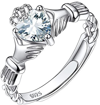 Suplight Anillos Claddagh Corazón con Piedras Natales de Diamantes Regalo Cumpleaños Abril Anillos Ajustables Delgados Irlanda Plata de Ley 925 Joyerías Religiosas para Parejas