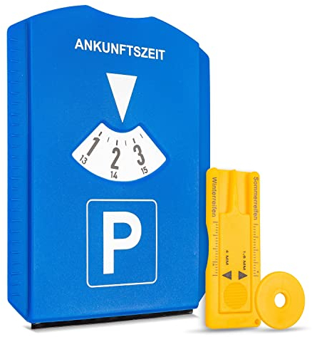 Parkscheibe mit Eiskratzer, 1 Stück, in Blau, Parkuhr inkl. Reifenprofilmesser und Einkaufswagenchip, für Auto, LKW, Wohnmobil, Parking Disc Blue, Parkscheiben, Parkkarte, Park Scheibe Ankunftszeit