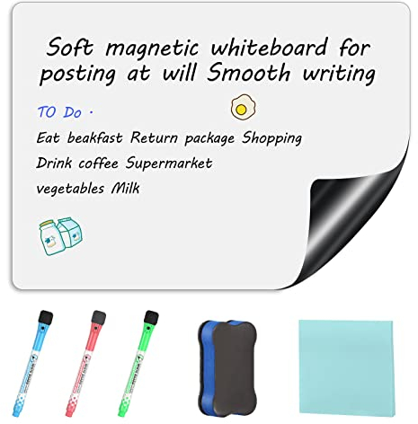 Pellicola magnetica per lavagna bianca, formato A4, 21 x 30 cm, lavagna bianca, lavabile, con 3 pennarelli, 1 gomma, note adesive per pianificare