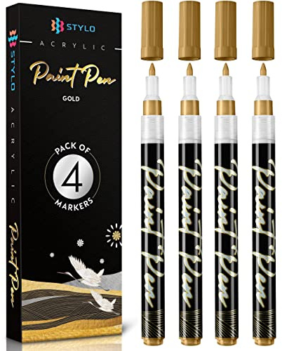 Stylo Gold Acrylic Paint Pens, 4 Gold Pens for Card Making, Fine Tip | 0.7 mm Japanese nib, opaque gold ink, black card, kraft paper, baubles, gift tags, place cards