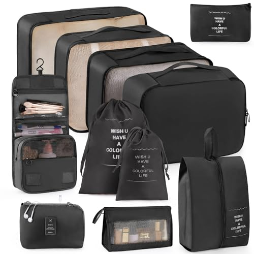 Anjing Koffer Organizer 11-teilig, Packing Cubes, leichte Reisegepäck-Organizer, platzsparend, wasserdicht, platzsparend, Packwürfel für Koffer, travel Organizer, Schwarz